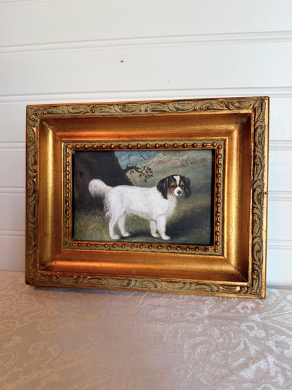 Small print of a white and black King Charles spaniel in a decorative gold frame on a white background