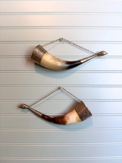 Wine Drinking Horns with Silver Bird Faces Wall Decor