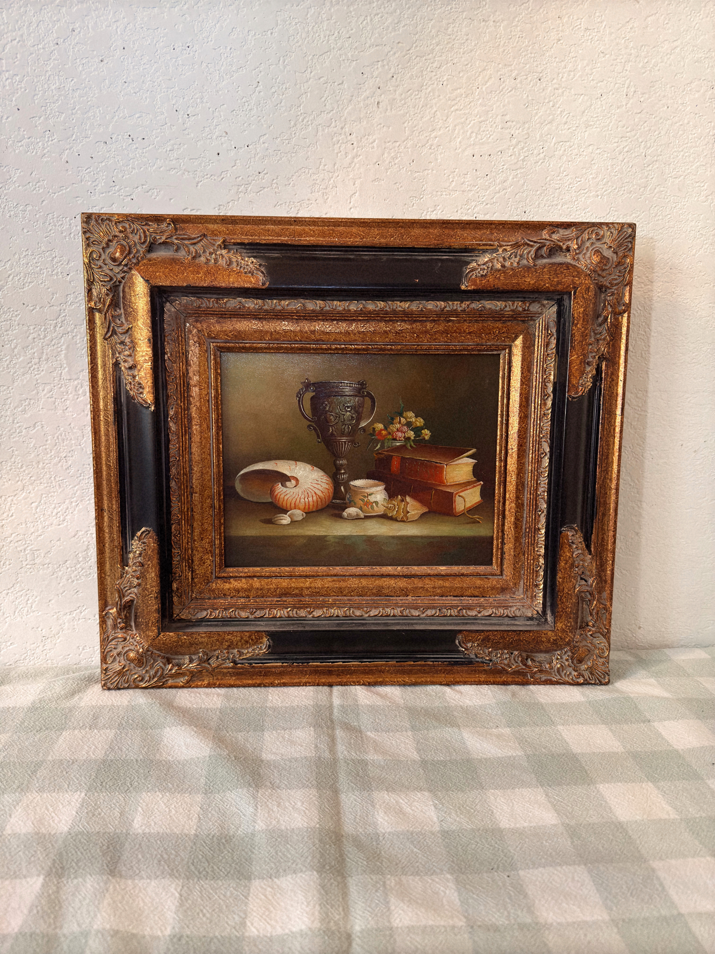 Black & Gold Ornate Frame with Still Life Oil Painting