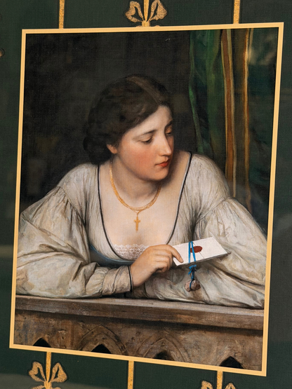 Portrait of a woman holding a letter with a decorative frame.