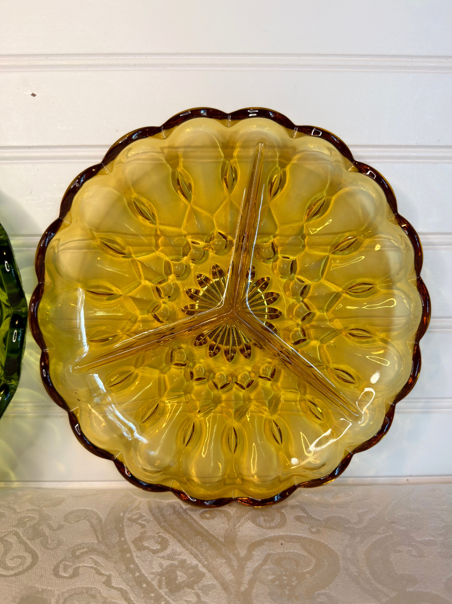 Green & Amber Divided Glass Dish