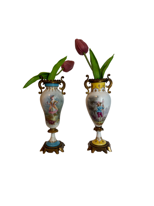 Hand Painted Porcelain & Bronze Bud Vases