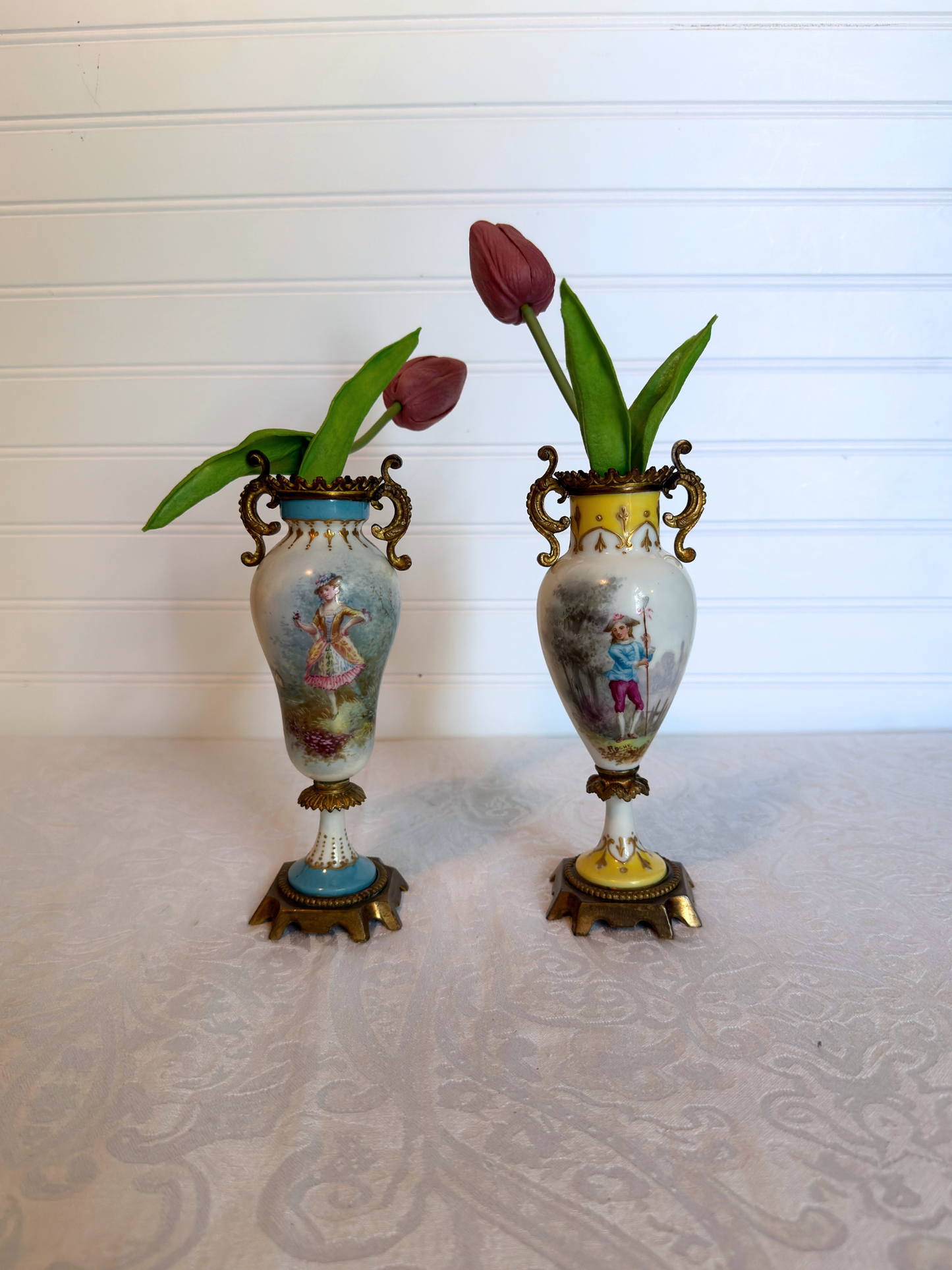 Hand Painted Porcelain & Bronze Bud Vases