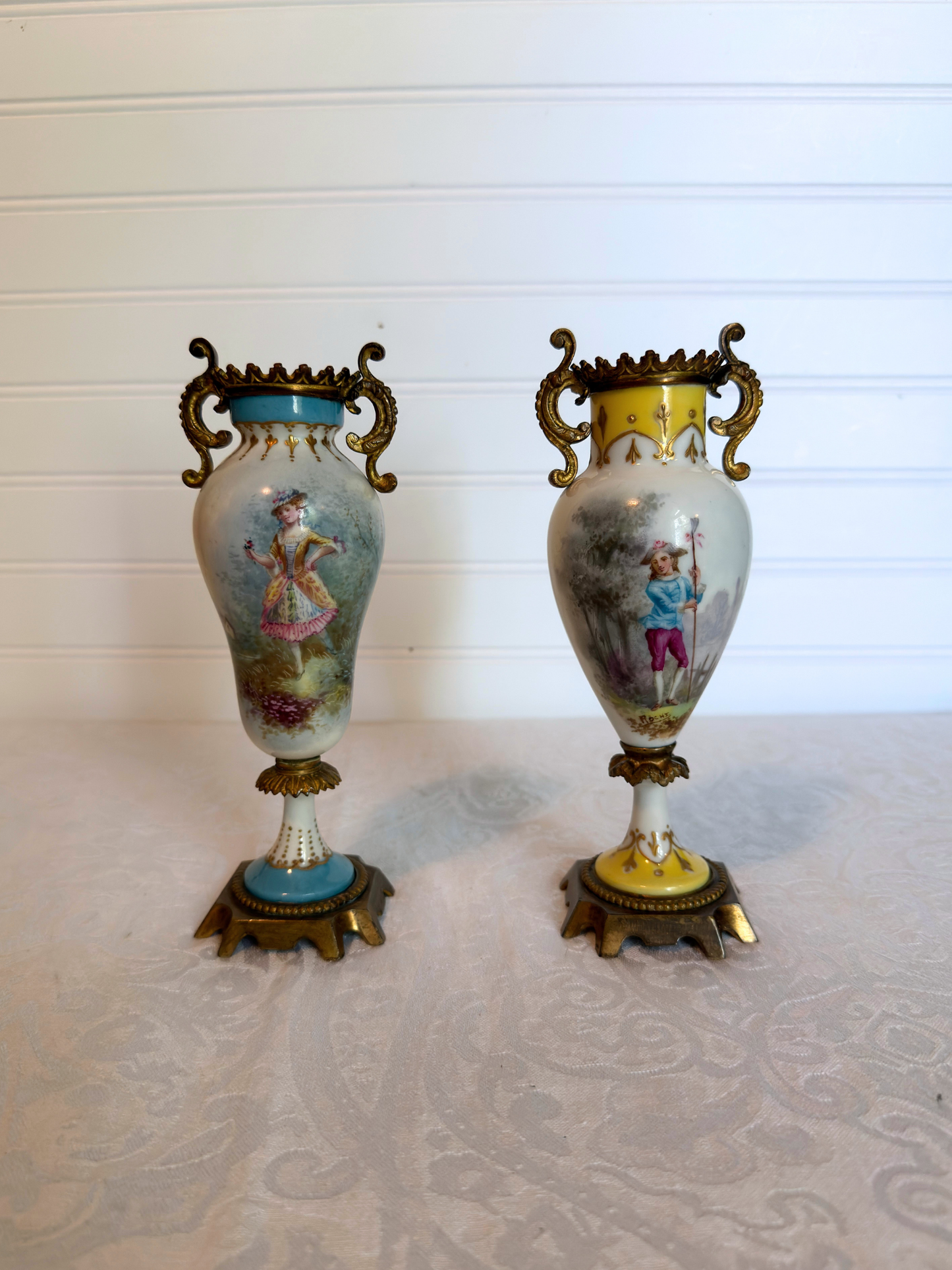 Hand Painted Porcelain & Bronze Bud Vases
