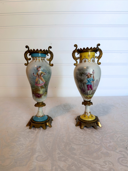 Hand Painted Porcelain & Bronze Bud Vases