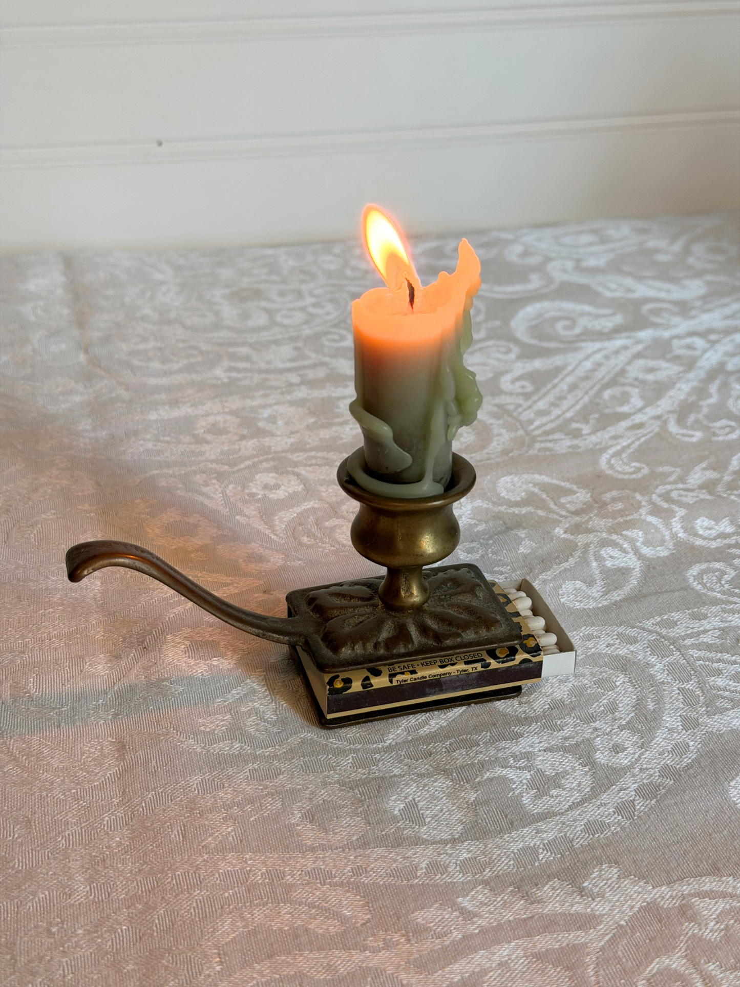 Brass Candlestick with Matchstick Holder
