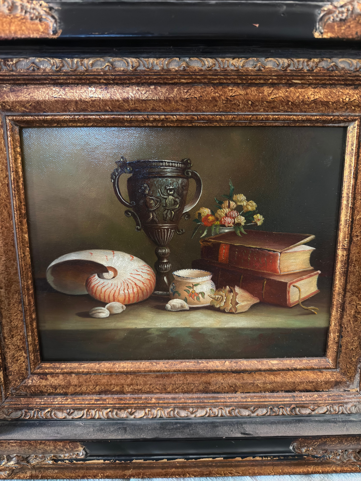 Black & Gold Ornate Frame with Still Life Oil Painting