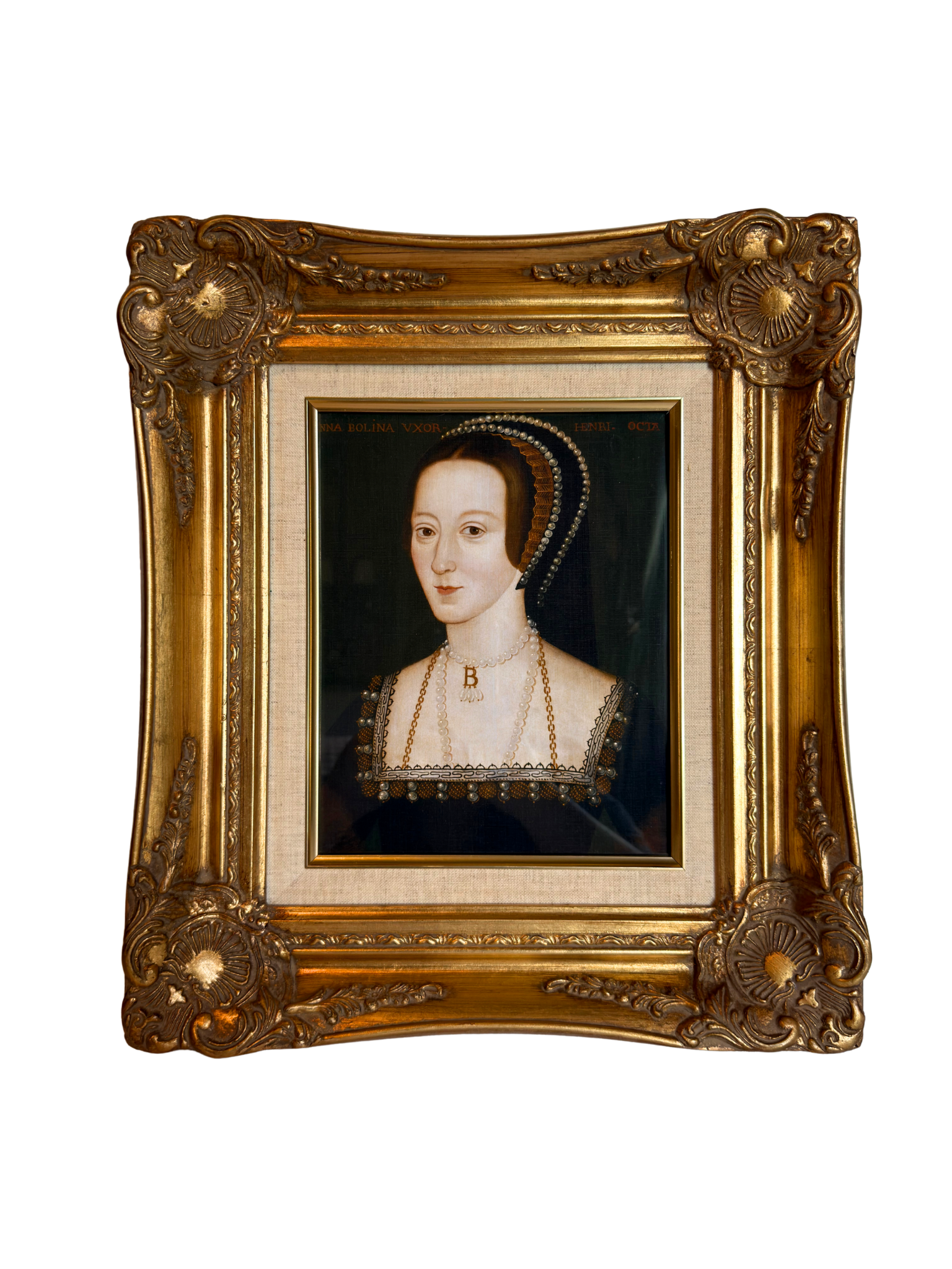Anne Boleyn portrait in a gold frame on a white background