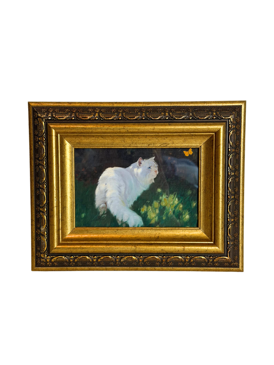 Framed White Cat & Butterfly Print