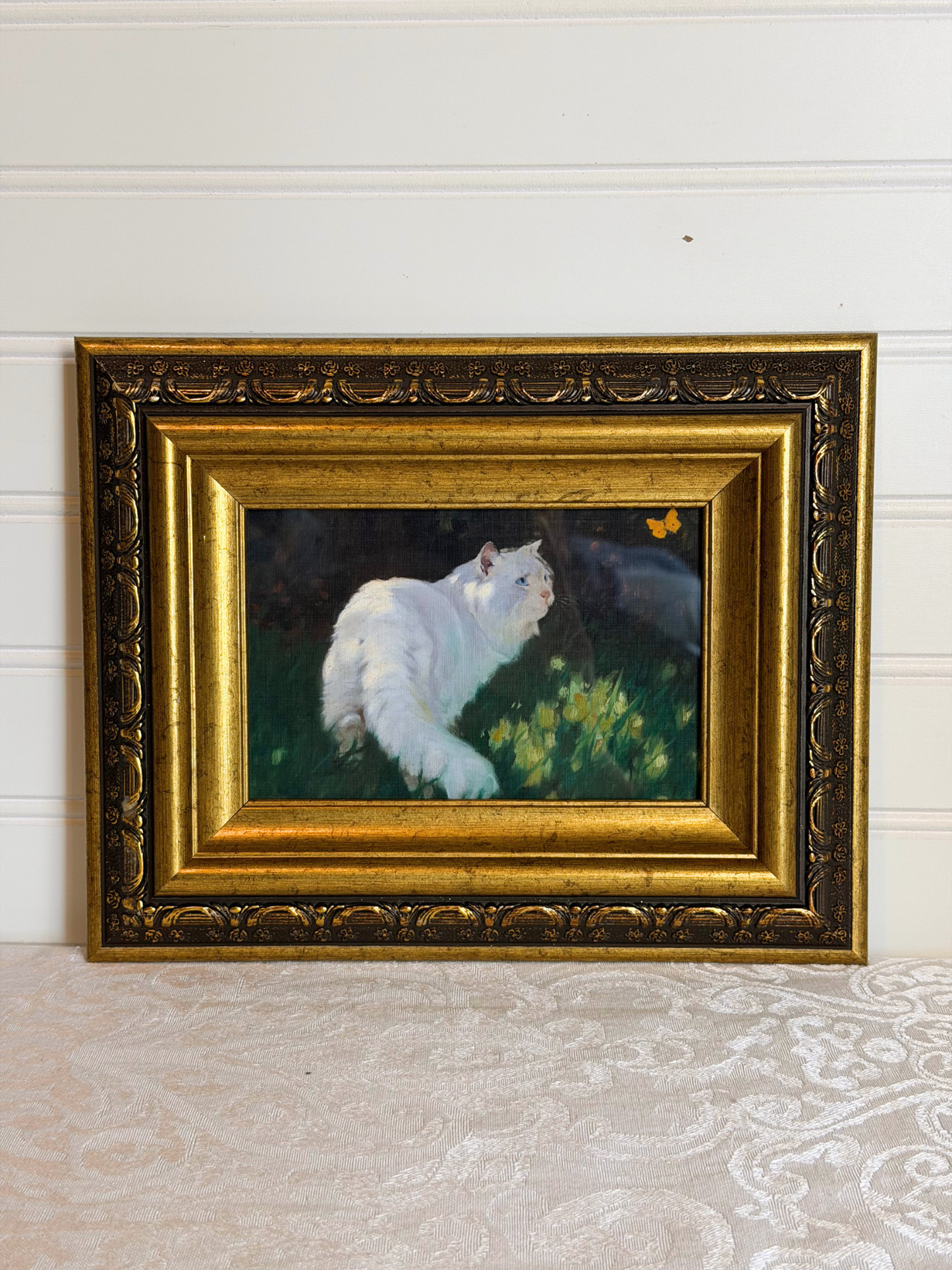 Framed White Cat & Butterfly Print