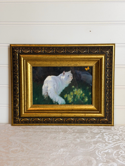 Framed White Cat & Butterfly Print