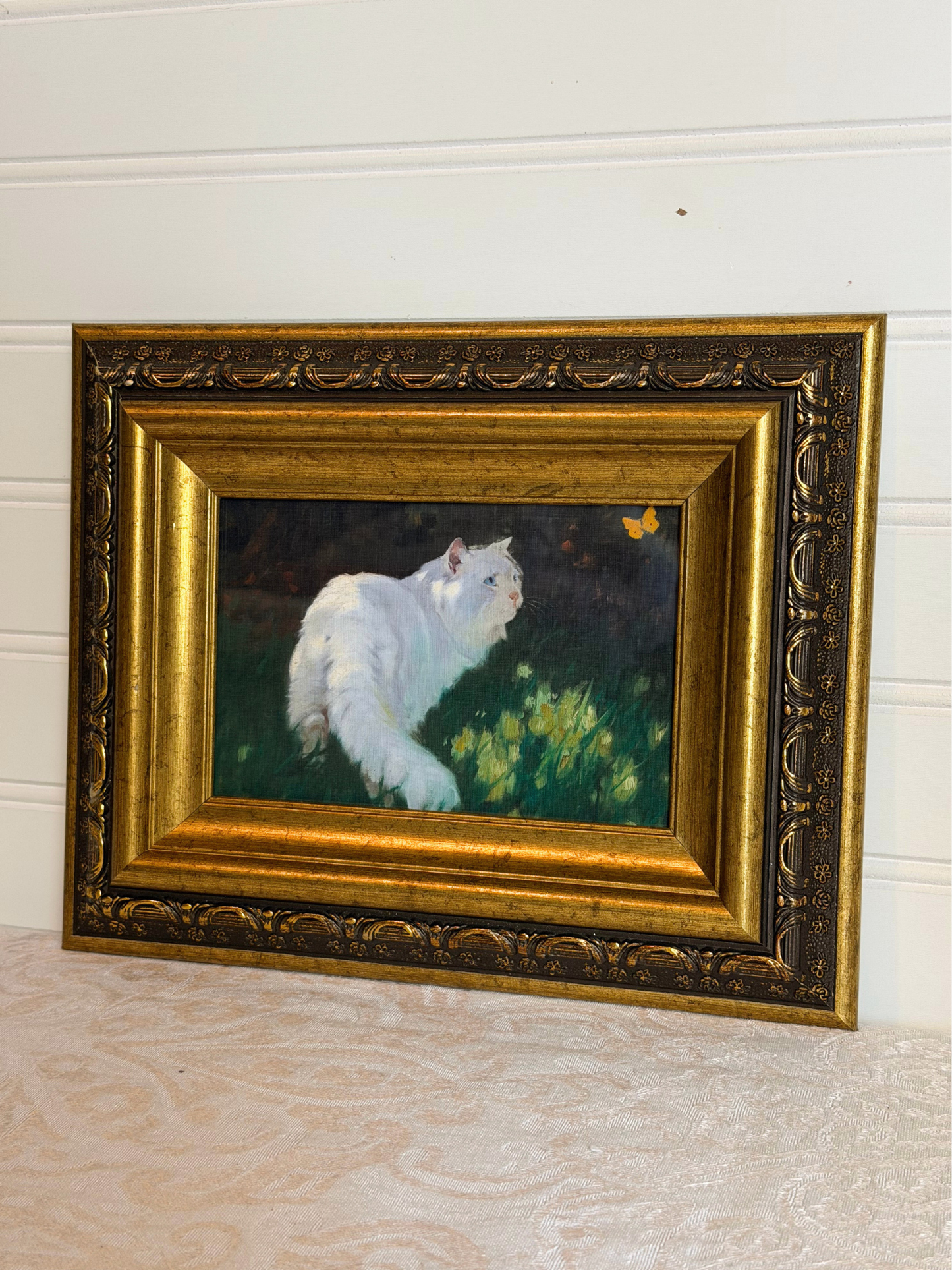 Framed White Cat & Butterfly Print
