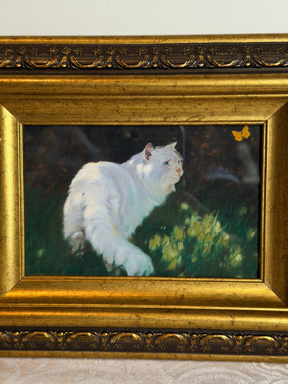 Framed White Cat & Butterfly Print