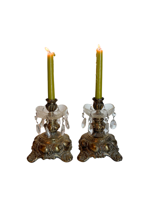 Ornate Brass Candle Holders with Crystals