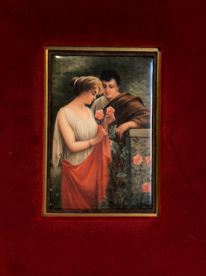 Vintage painting of a couple holding roses on a red background