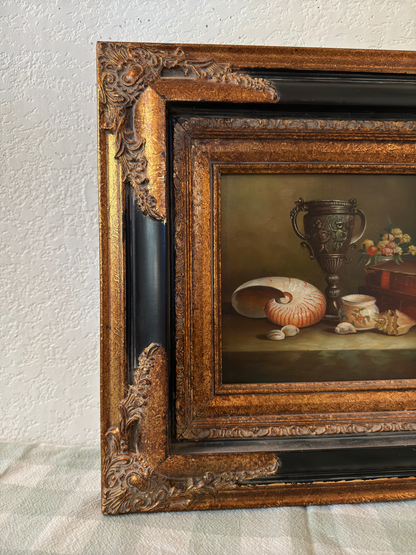 Black & Gold Ornate Frame with Still Life Oil Painting