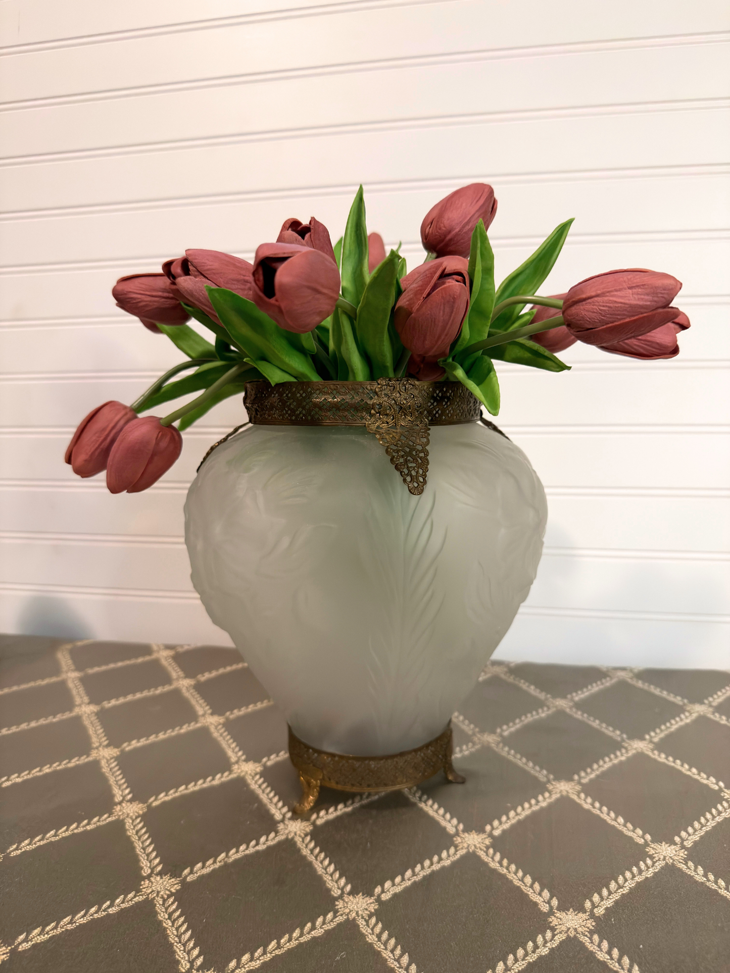 Art Deco Frosted Glass & Ormolu Tiffin Poppy Vase