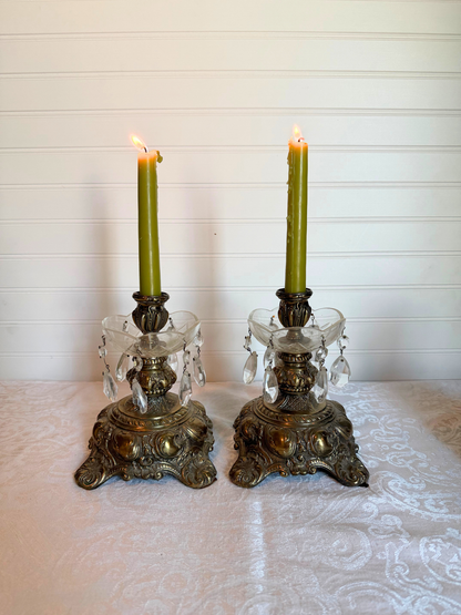 Ornate Brass Candle Holders with Crystals