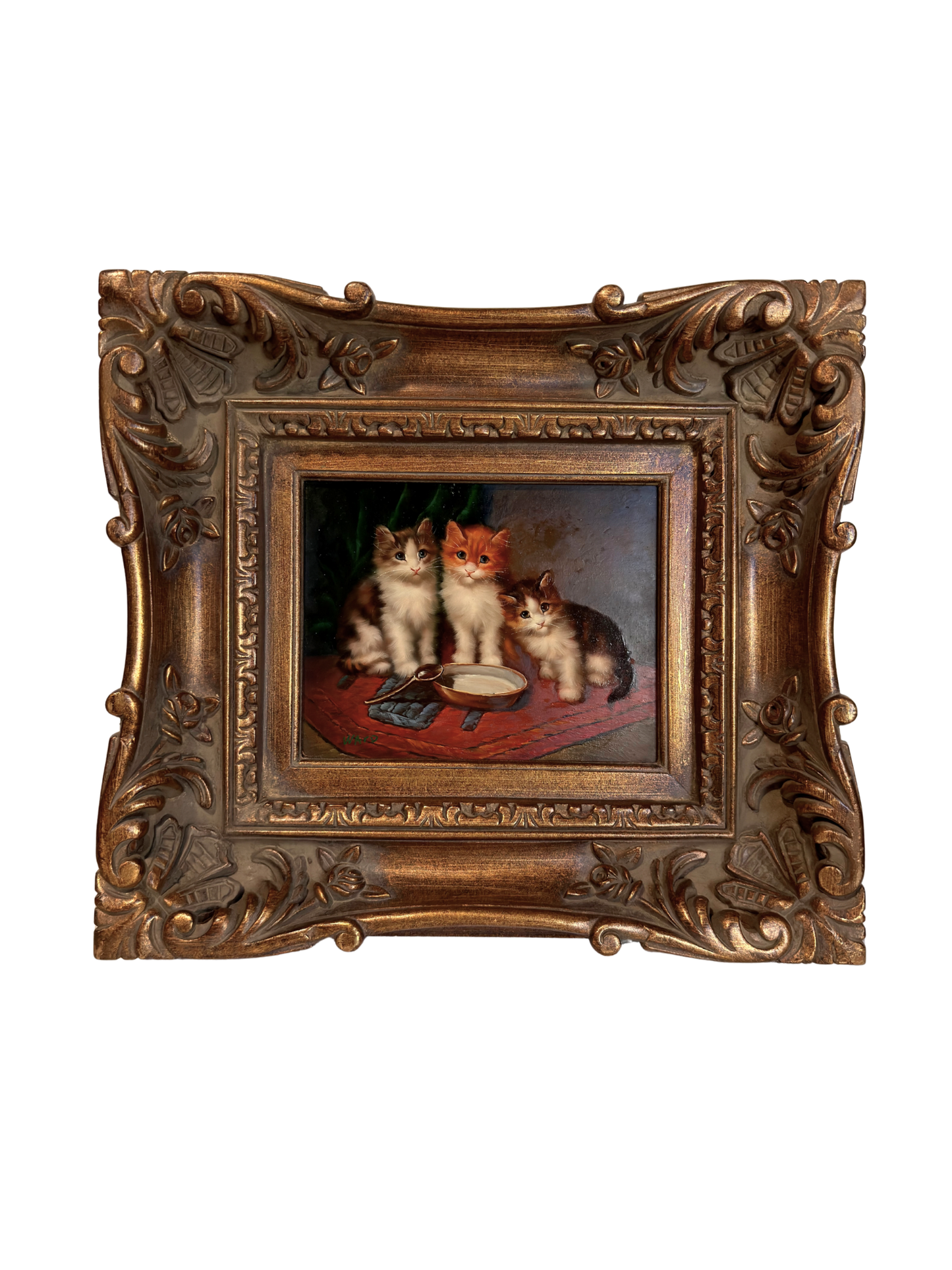 Decorative painting of three cats in a ornate gold frame on a white background