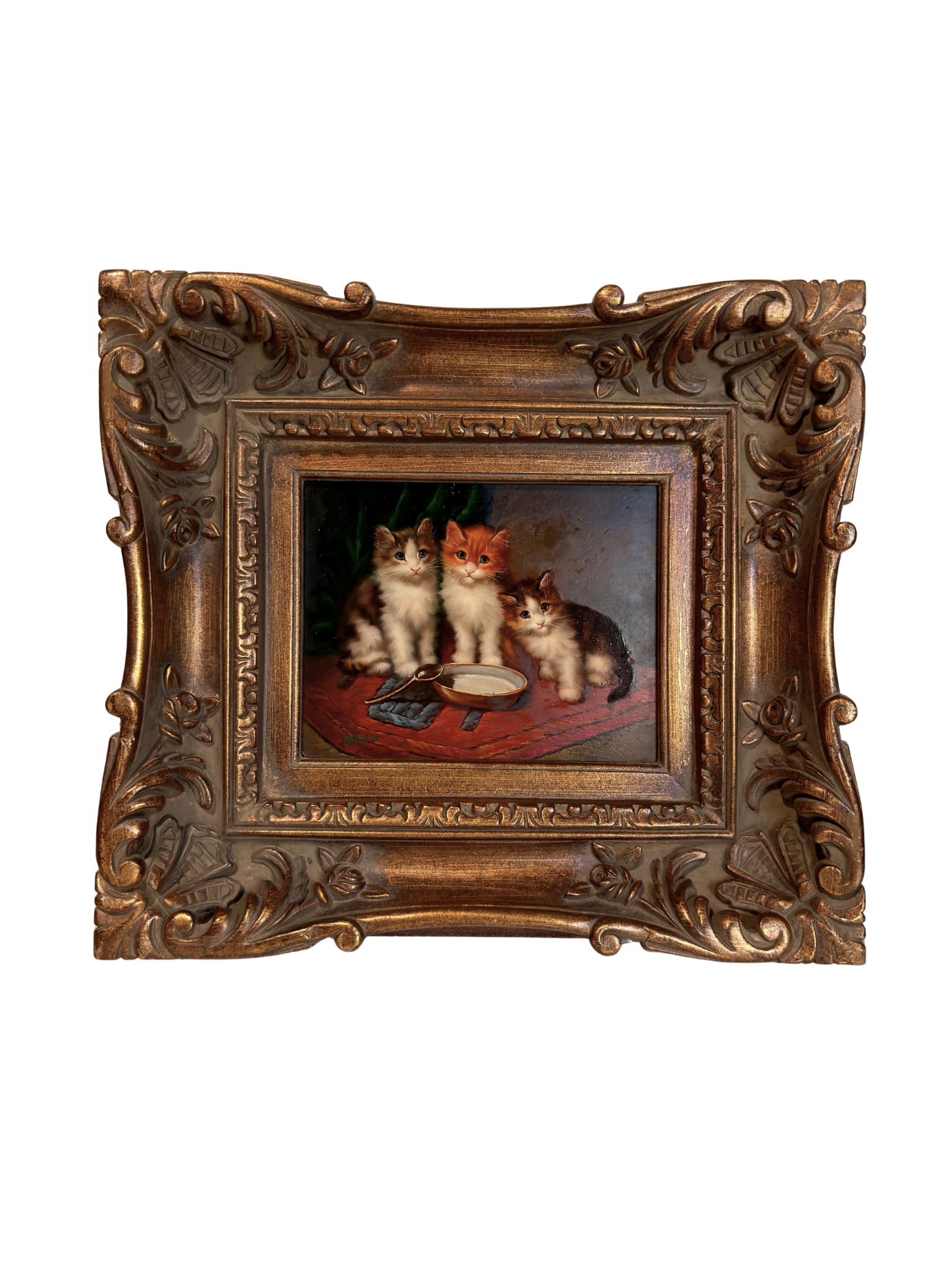 Decorative painting of three cats in a ornate gold frame on a white background