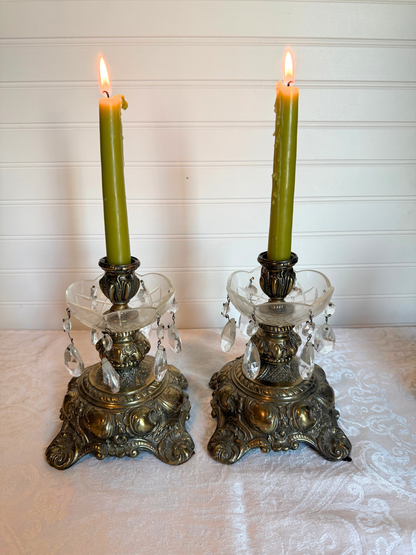 Ornate Brass Candle Holders with Crystals