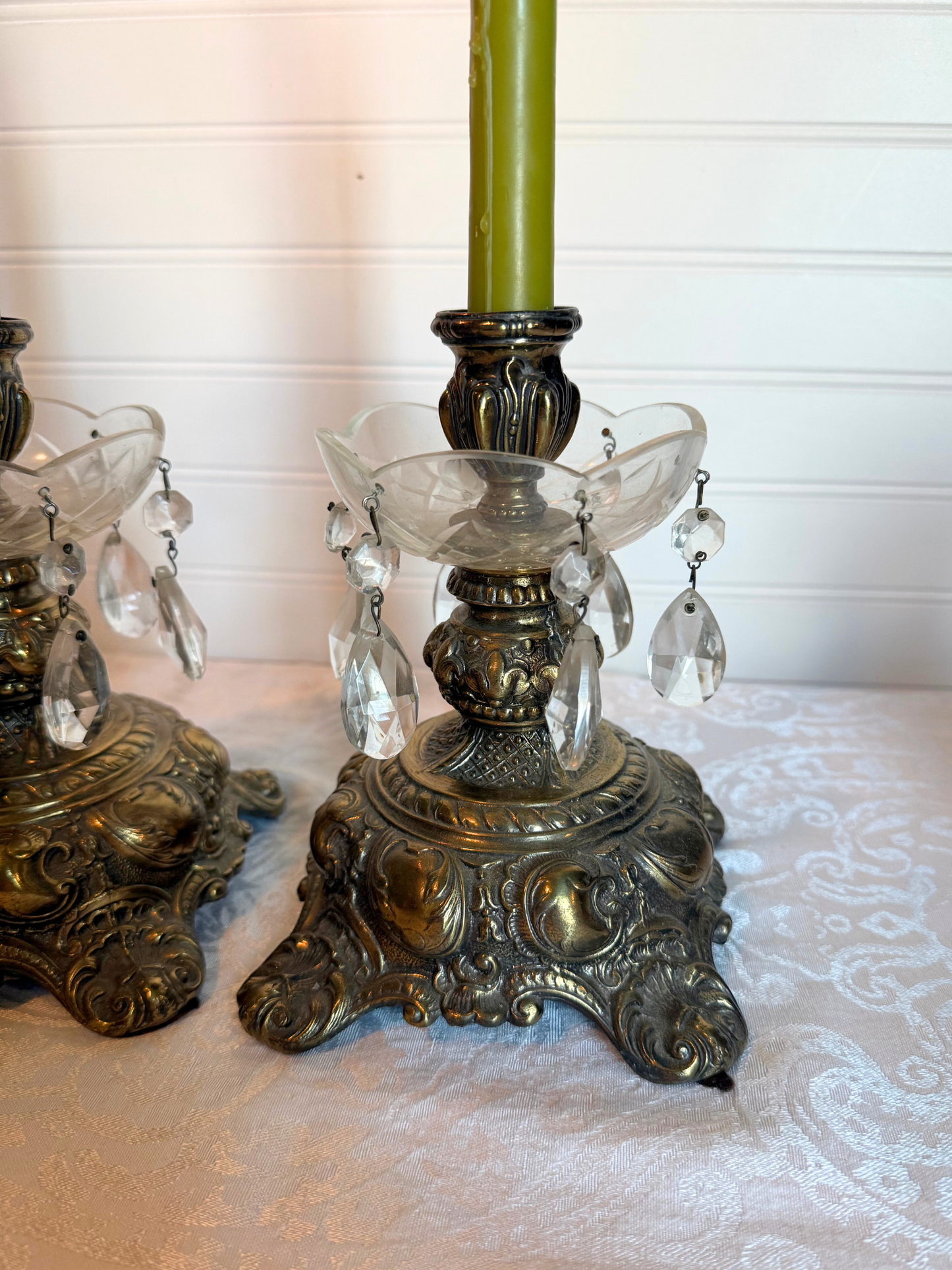 Ornate Brass Candle Holders with Crystals
