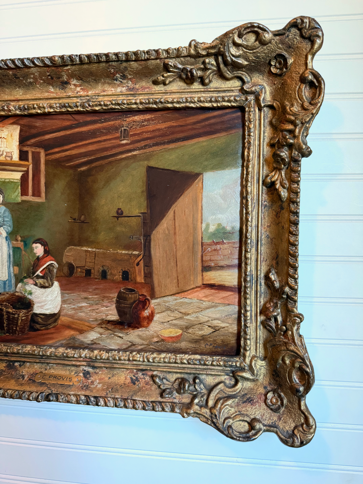 19th Century Cottage Interior Oil Painting