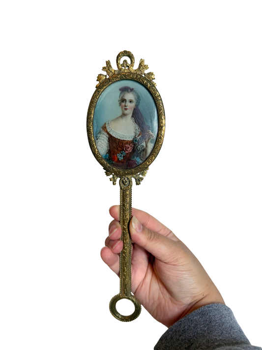 19th Century Bronze Hand Mirror with Portrait Painting of Sophie of France