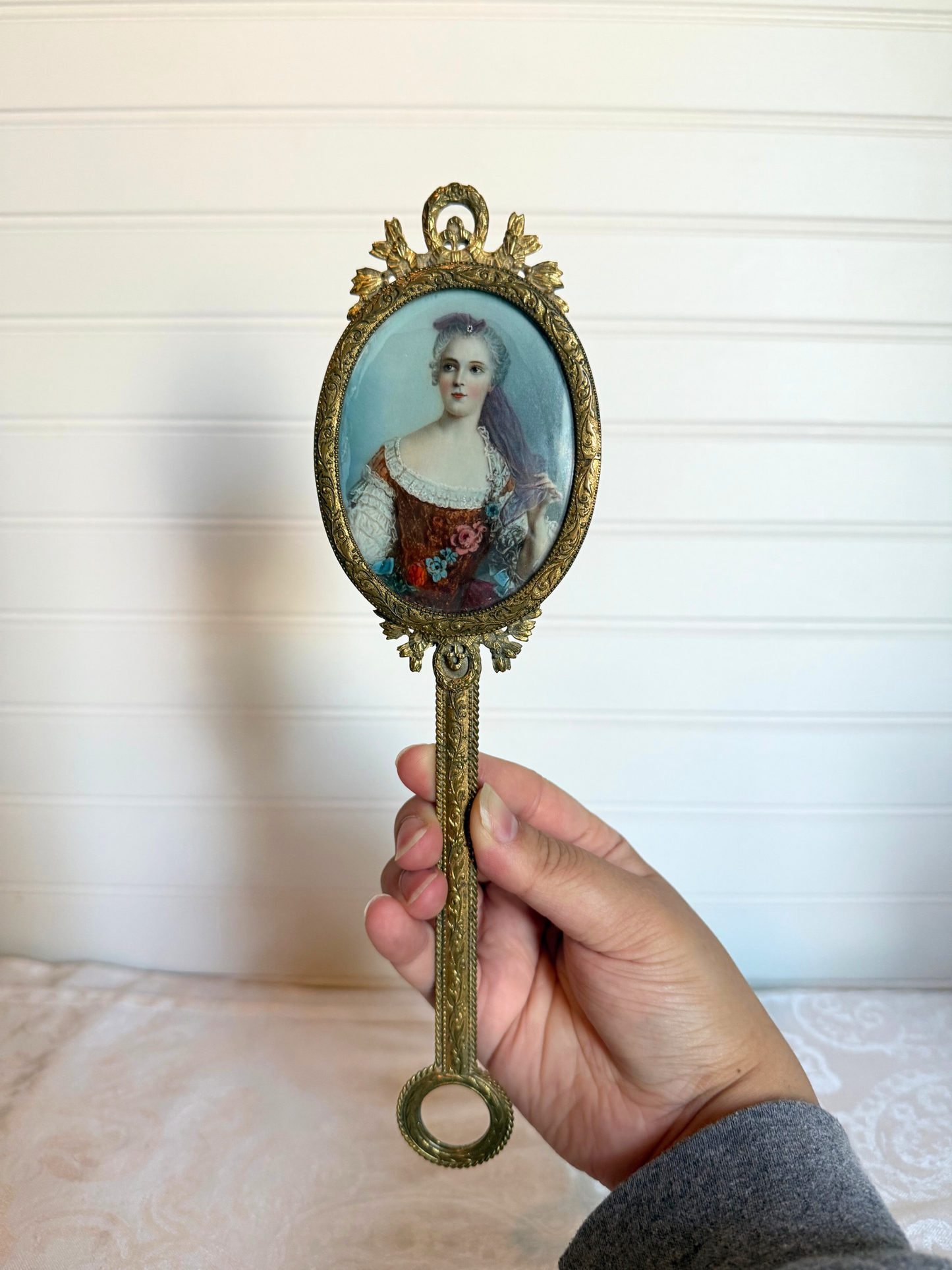 19th Century Bronze Hand Mirror with Portrait Painting of Sophie of France