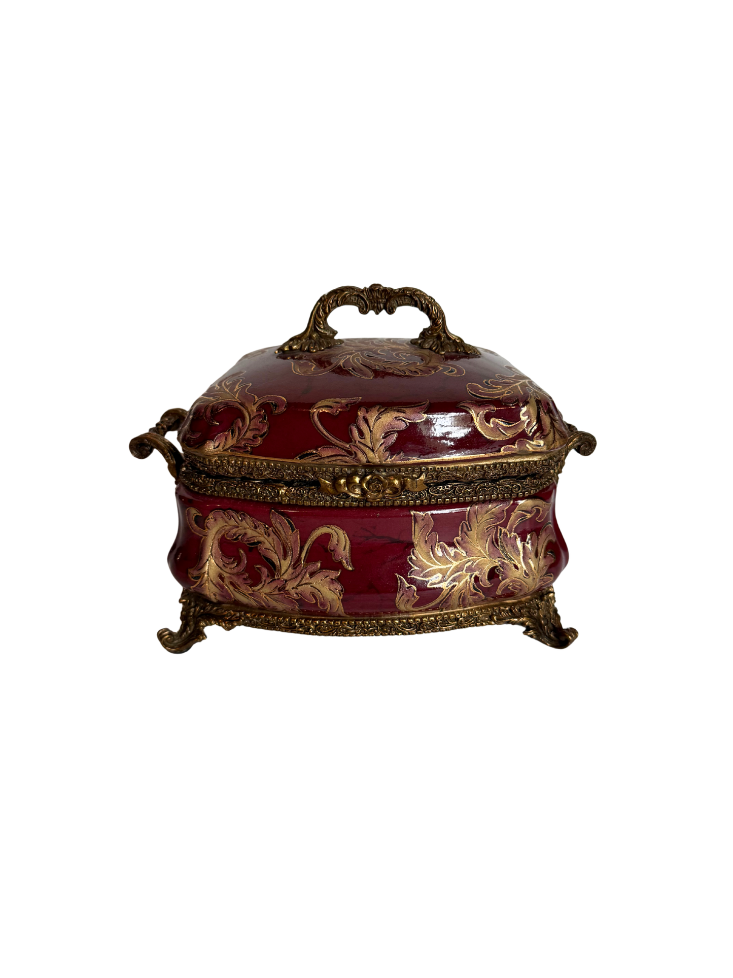 Red Porcelain & Bronze Lidded Trinket Dish