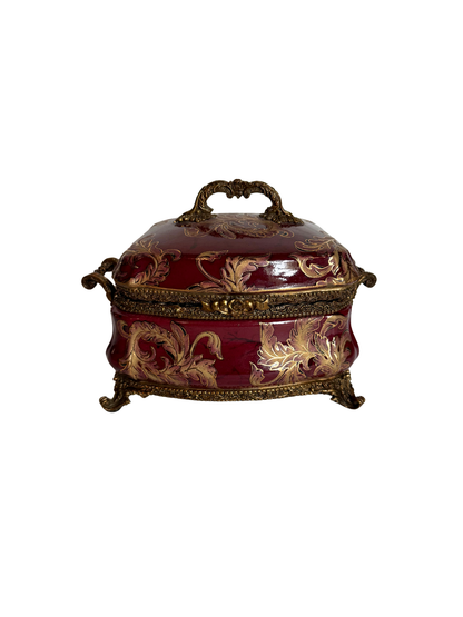Red Porcelain & Bronze Lidded Trinket Dish