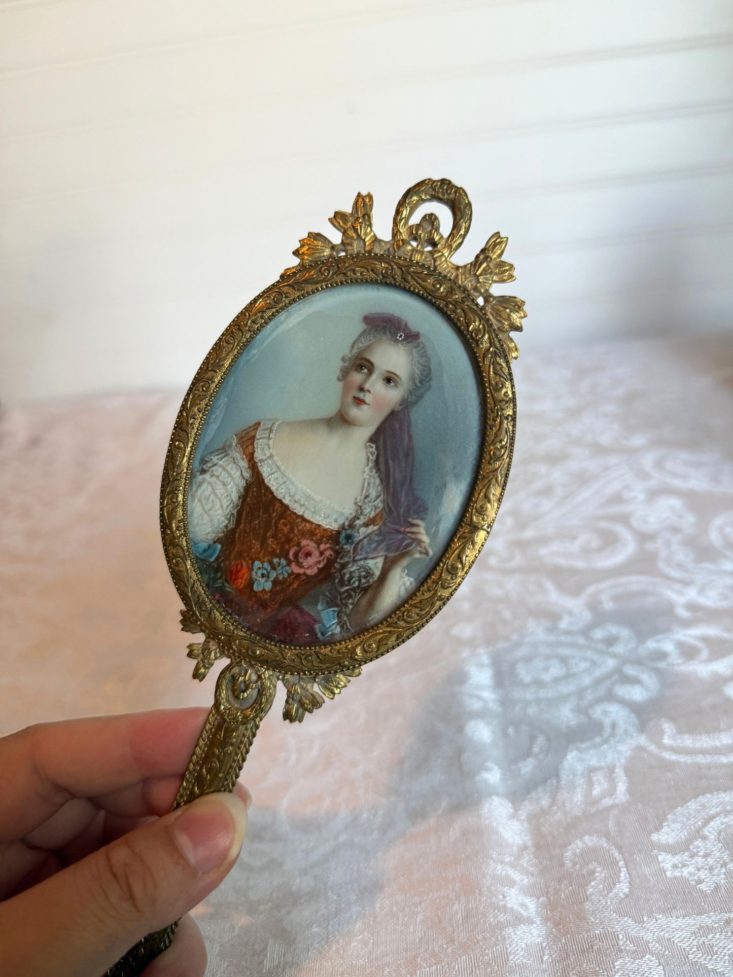 19th Century Bronze Hand Mirror with Portrait Painting of Sophie of France