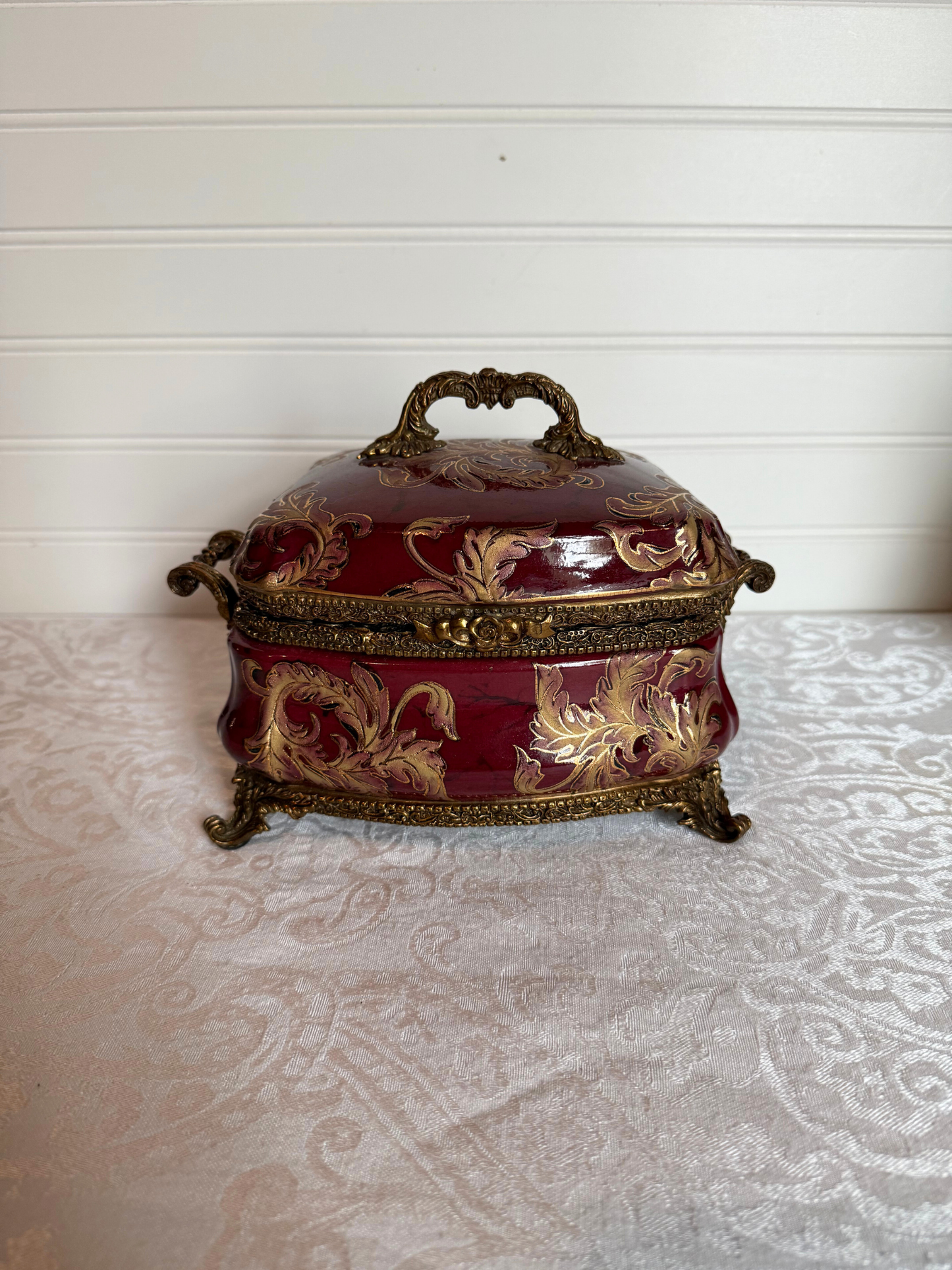 Red Porcelain & Bronze Lidded Trinket Dish