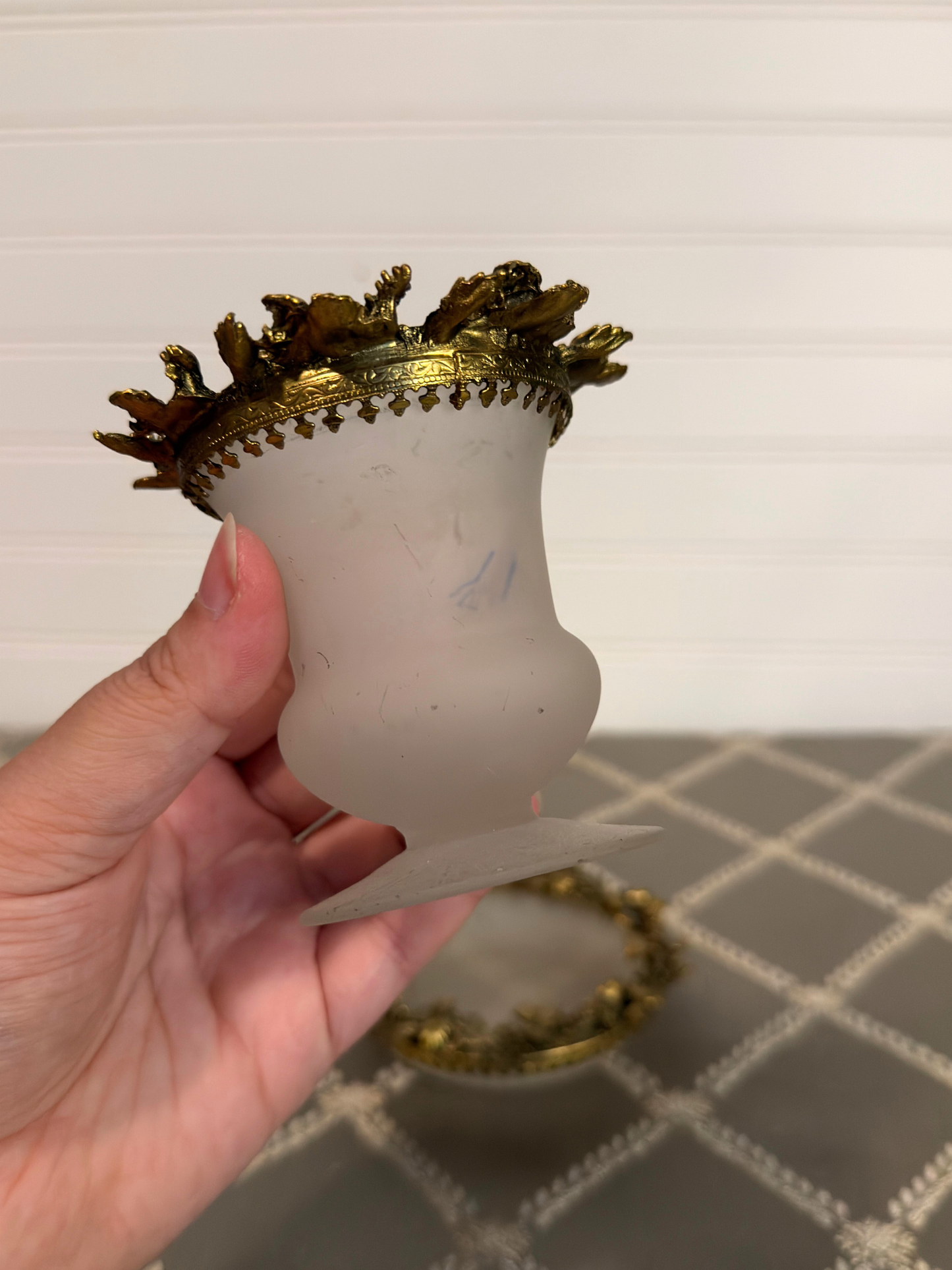 Set of Frosted Glass & Ormolu Cigarette Holder & Trinket Dish (Reserved)