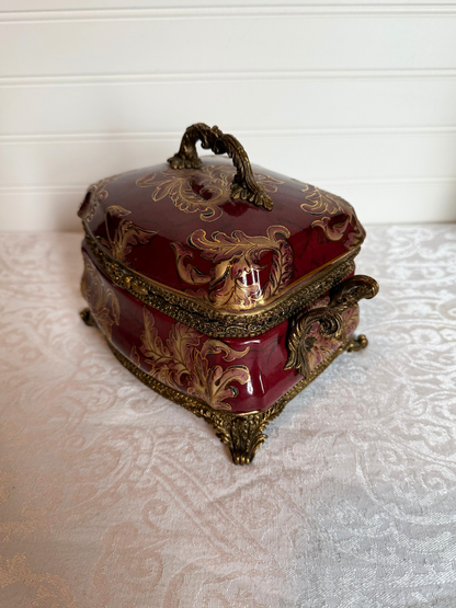 Red Porcelain & Bronze Lidded Trinket Dish
