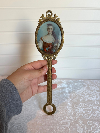 19th Century Bronze Hand Mirror with Portrait Painting of Sophie of France
