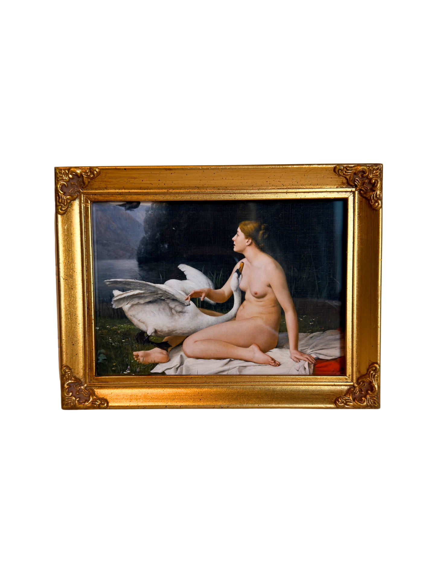 print of nude lady and a swan  in a gold frame on a white background