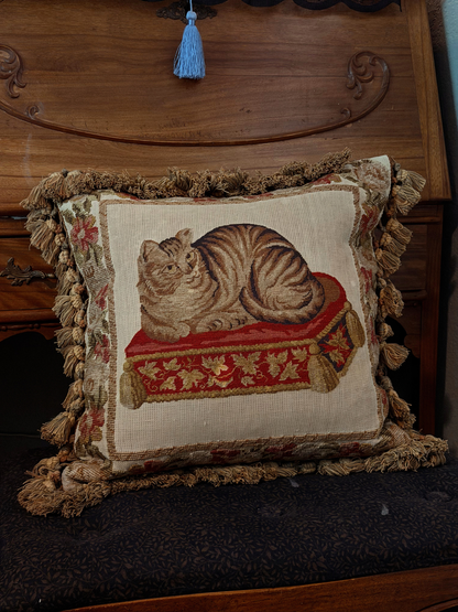 Cat Needlepoint Throw Pillow