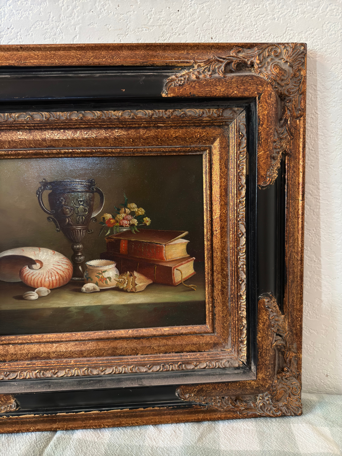 Black & Gold Ornate Frame with Still Life Oil Painting