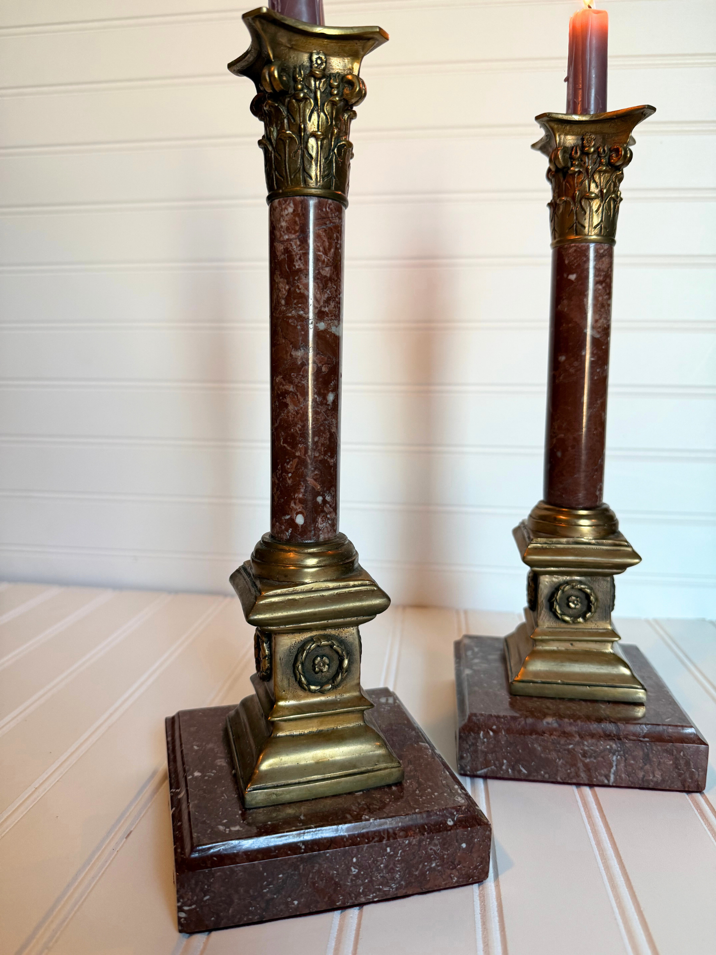 Dark Pink Marble & Bronze Candle Holders