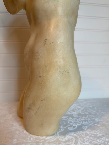 torso sculpture on a textured surface with a neutral background