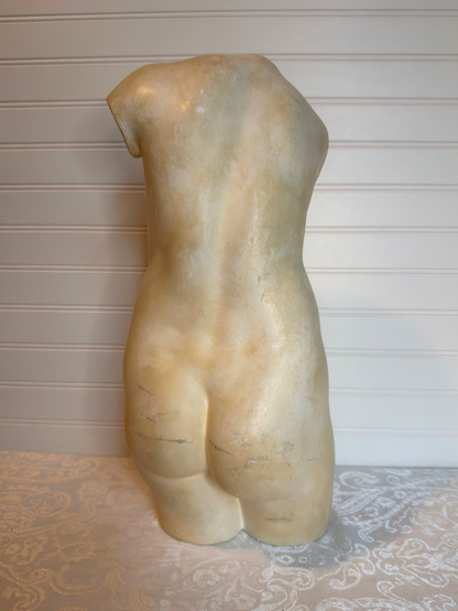 back of sculpture of a torso on a textured surface with a neutral background