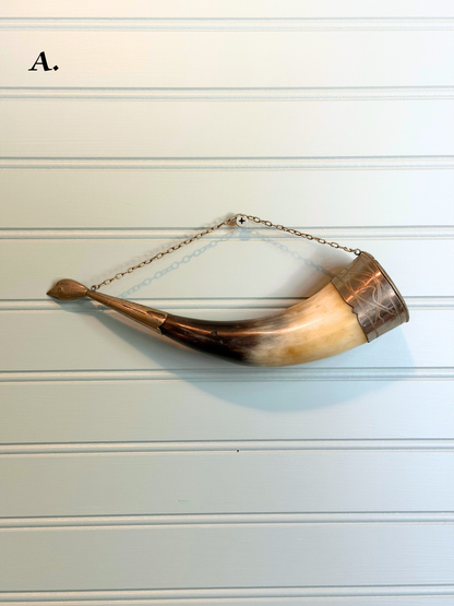 Wine Drinking Horns with Silver Bird Faces Wall Decor