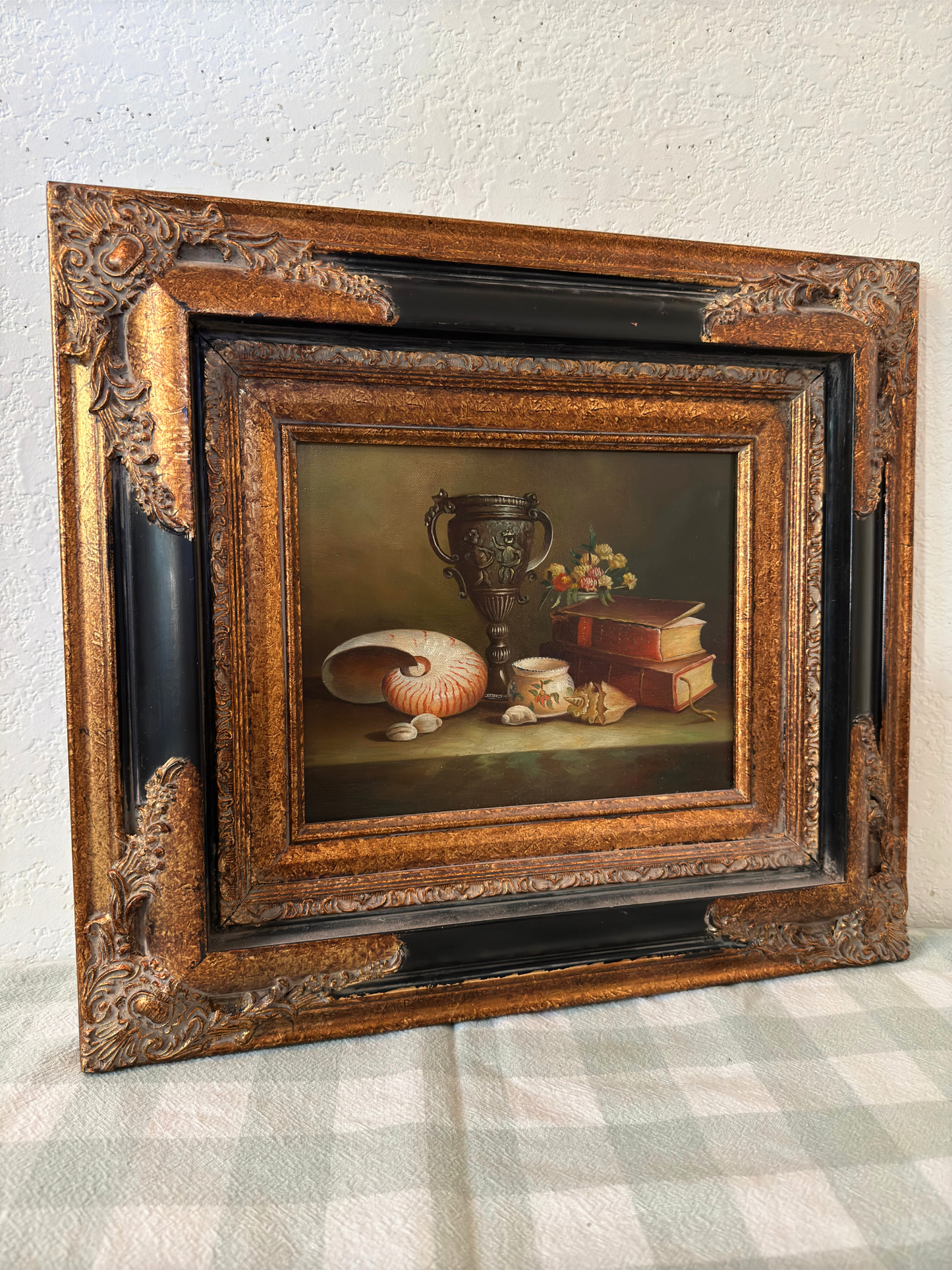 Black & Gold Ornate Frame with Still Life Oil Painting