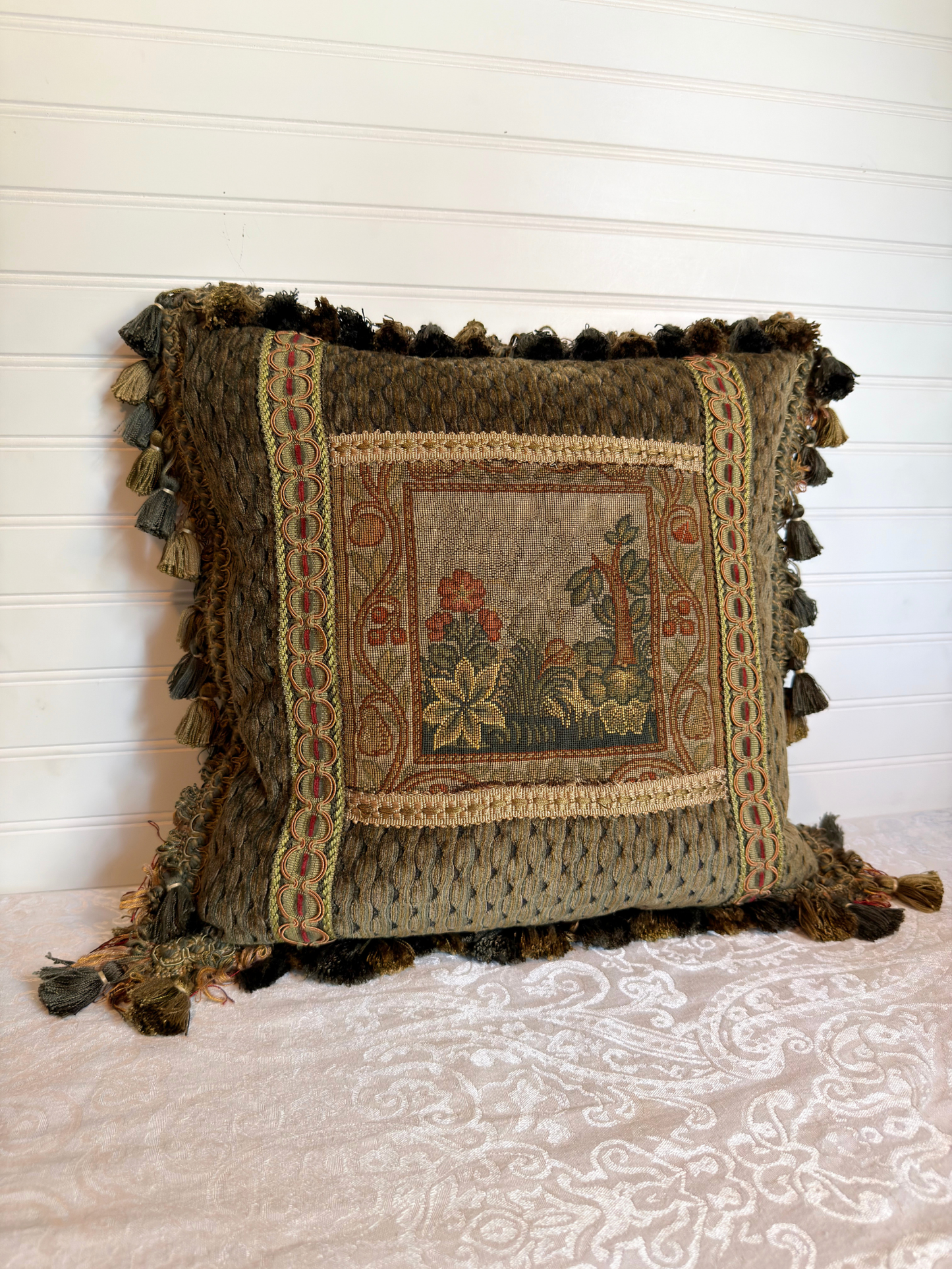 Botanical Scene Needlepoint Tapestry Pillow