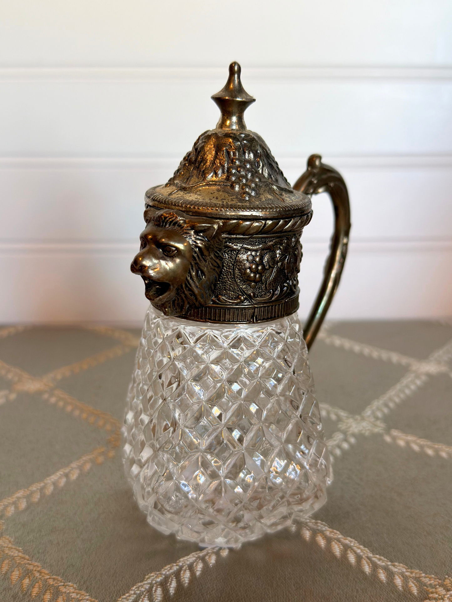 Silver Plated & Crystal Lion Syrup Pitcher