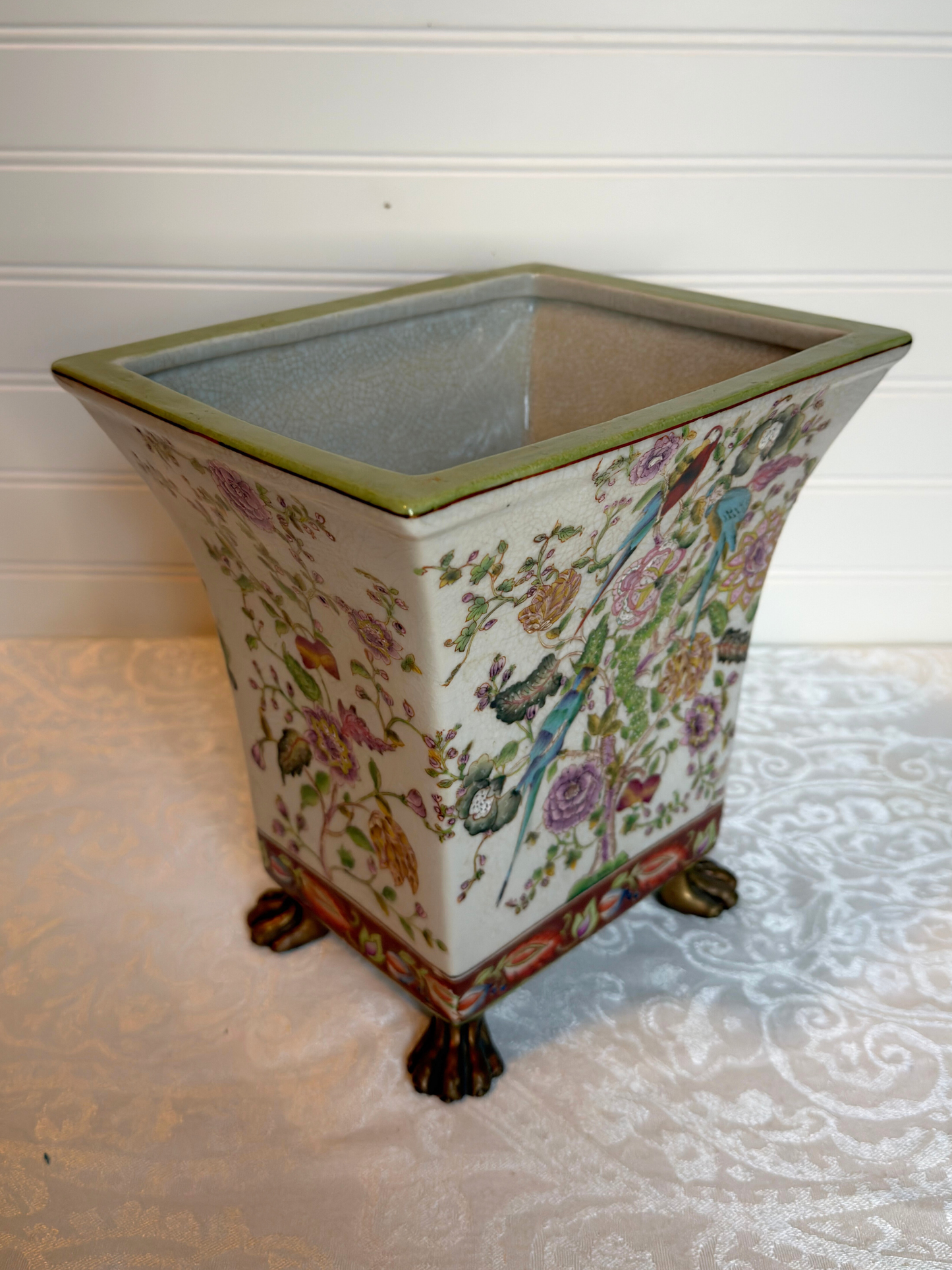 close up vase with floral pattern without tulips 