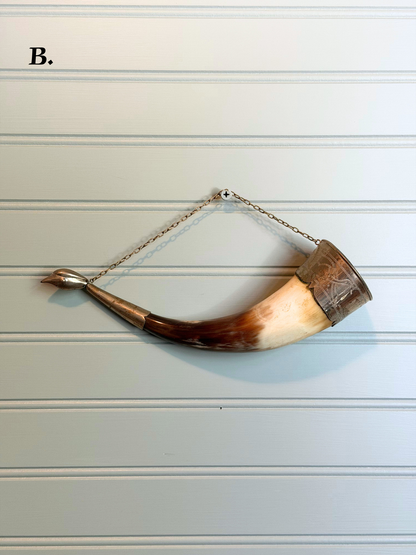 Wine Drinking Horns with Silver Bird Faces Wall Decor