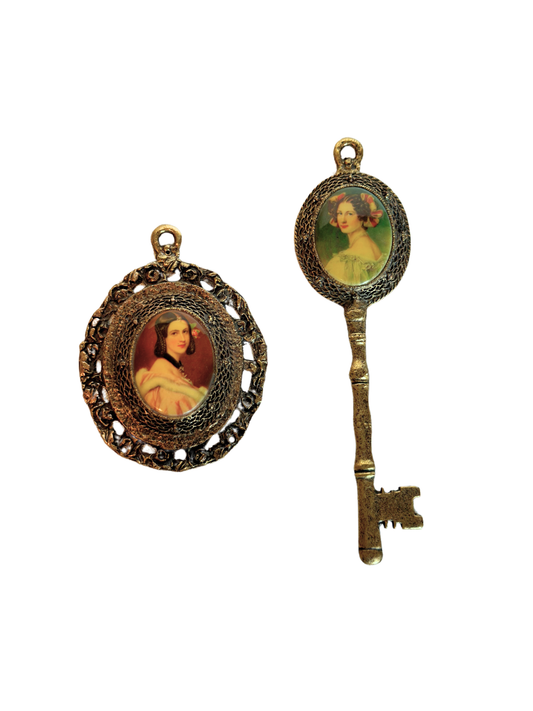 Two decorative pendants with portraits on a white background