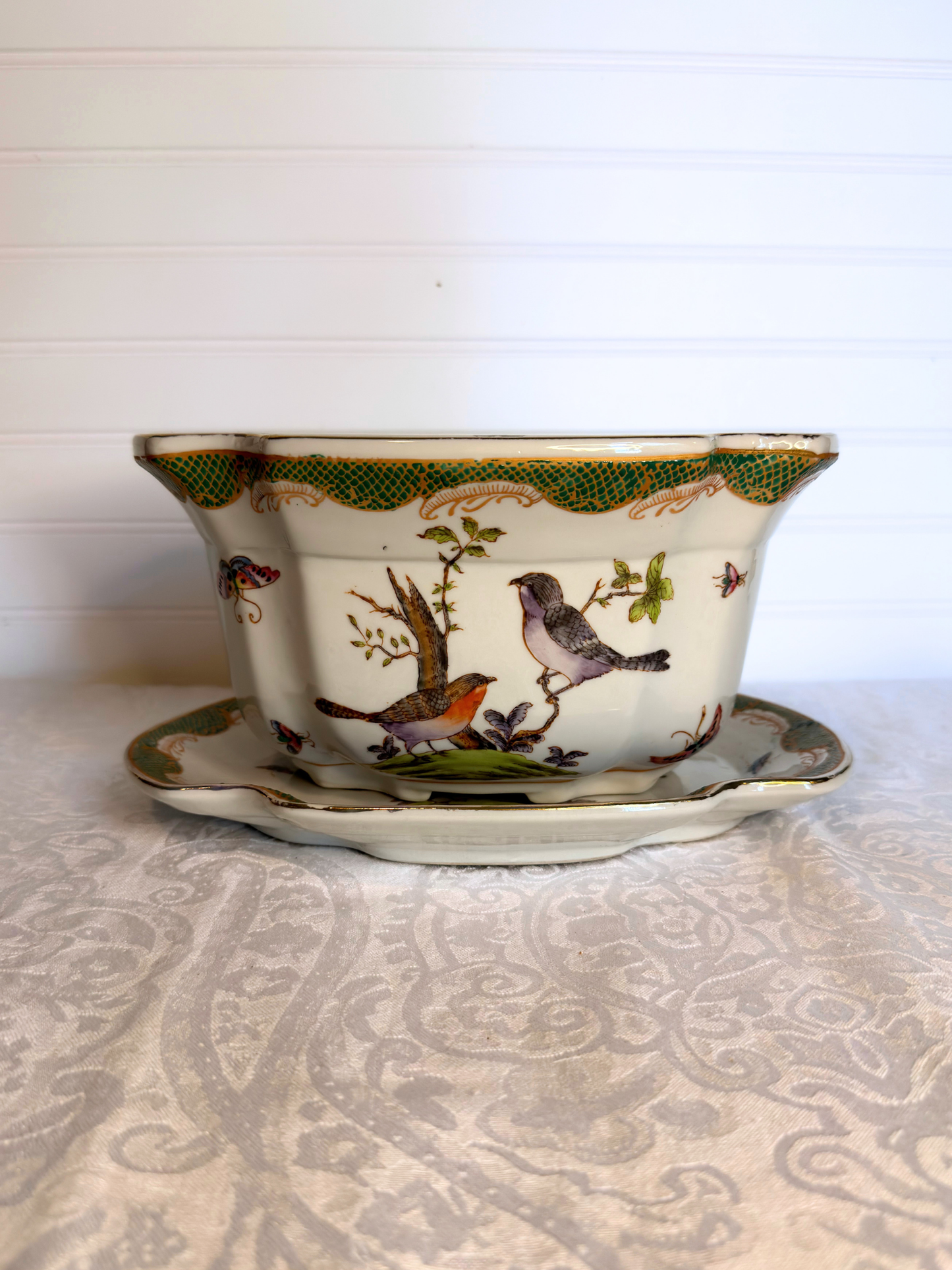 Porcelain Birds & Butterfly Planter with Plate